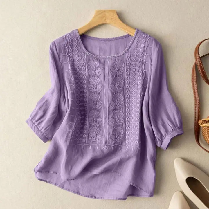 Women's Crew Neck Puff Sleeve Top with Floral Embroidery and Curved Hem