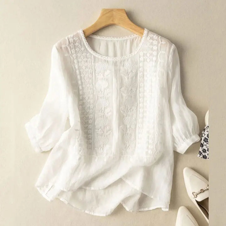 Women's Crew Neck Puff Sleeve Top with Floral Embroidery and Curved Hem