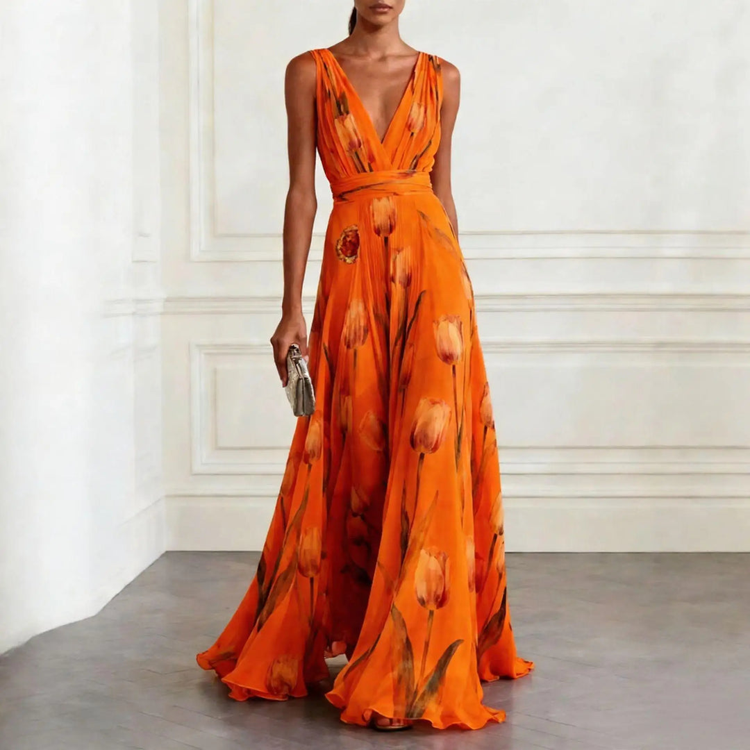 Women's Tulip Print Wedding Guest Maxi Dress with V-Neck and Brooch Detail