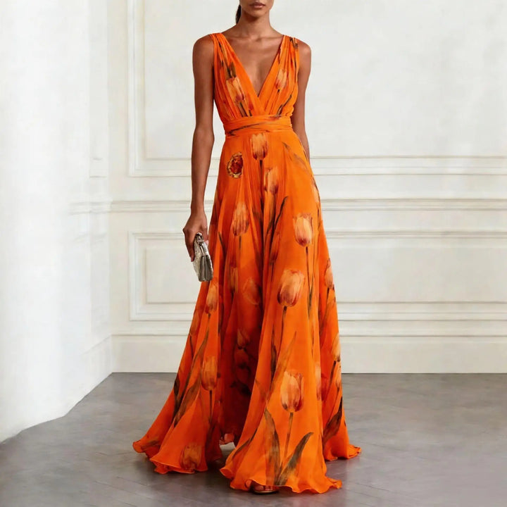 Women's Tulip Print Wedding Guest Maxi Dress with V-Neck and Brooch Detail