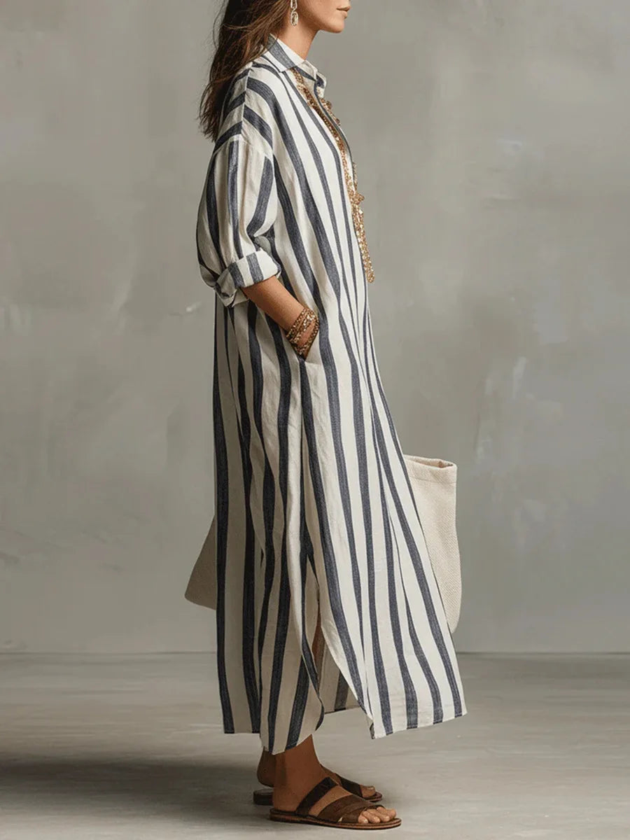 Women's Striped Maxi Shirt Dress with Lapel Collar and Button Placket