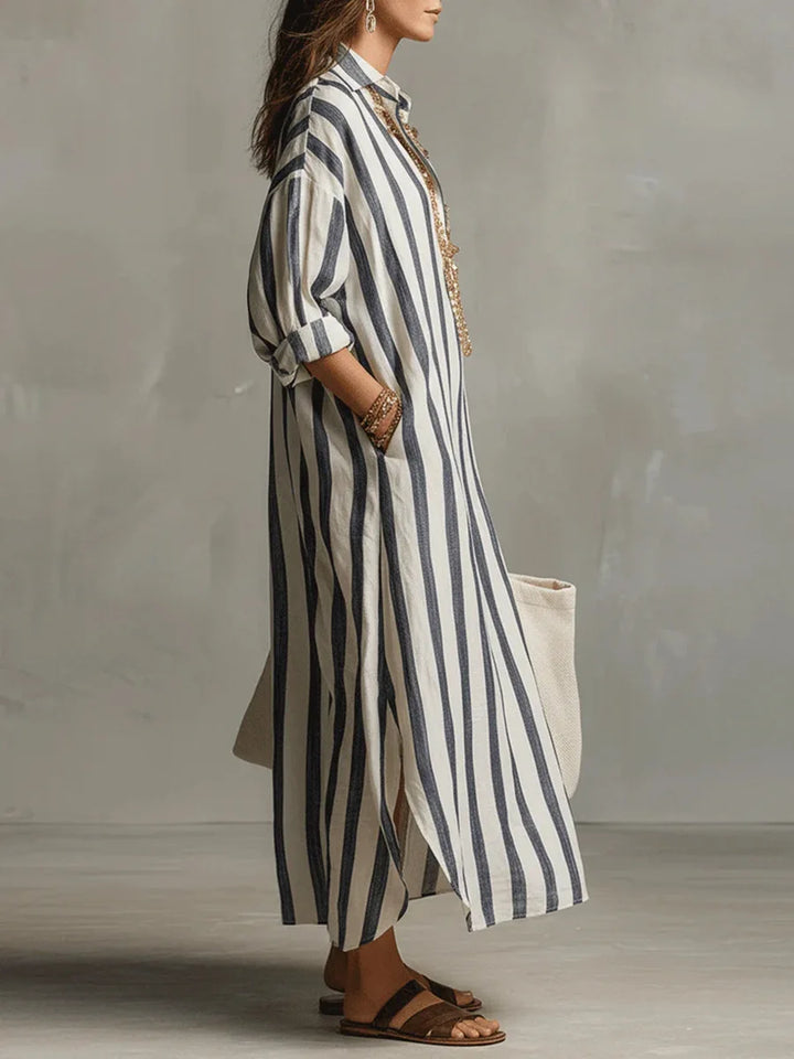 Women's Striped Maxi Shirt Dress with Lapel Collar and Button Placket