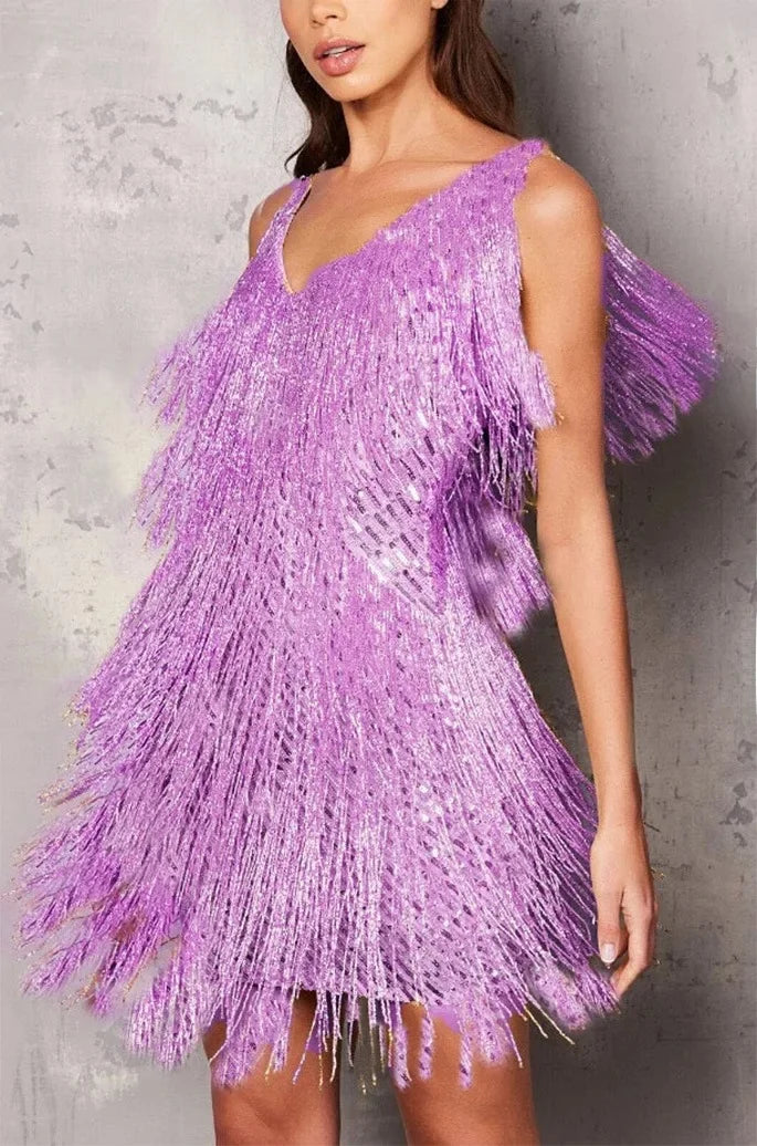 Women's Sequin Fringe V-Neck Sleeveless A-Line Cocktail Dress
