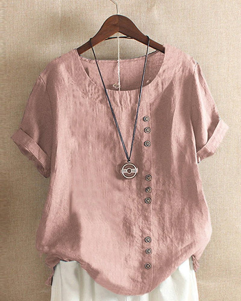 Women's Casual Linen Short Sleeve Button Front Tunic Top