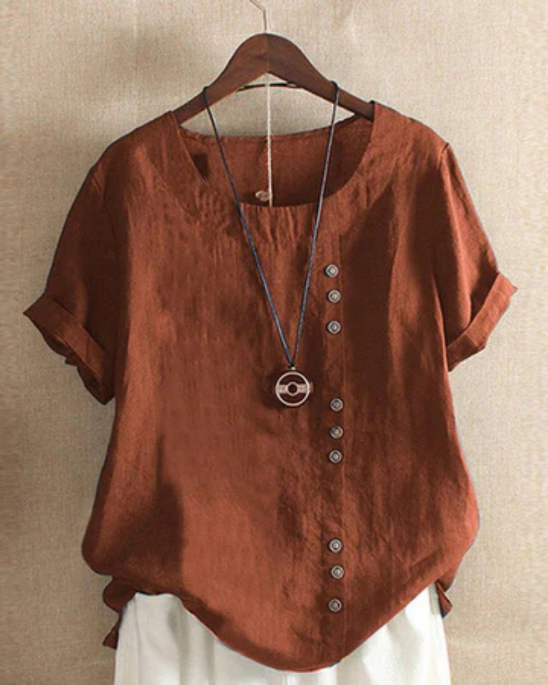 Women's Casual Linen Short Sleeve Button Front Tunic Top
