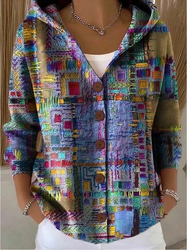 Women's Elegant Print Hooded Button Cardigan