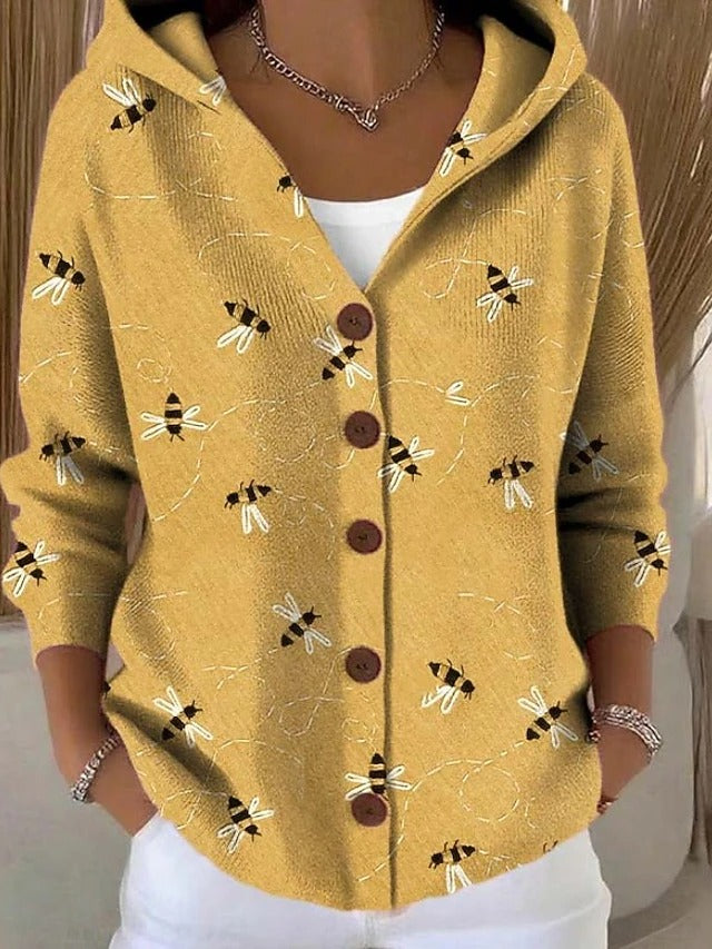 Women's Elegant Print Hooded Button Cardigan