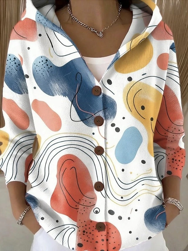 Women's Elegant Print Hooded Button Cardigan