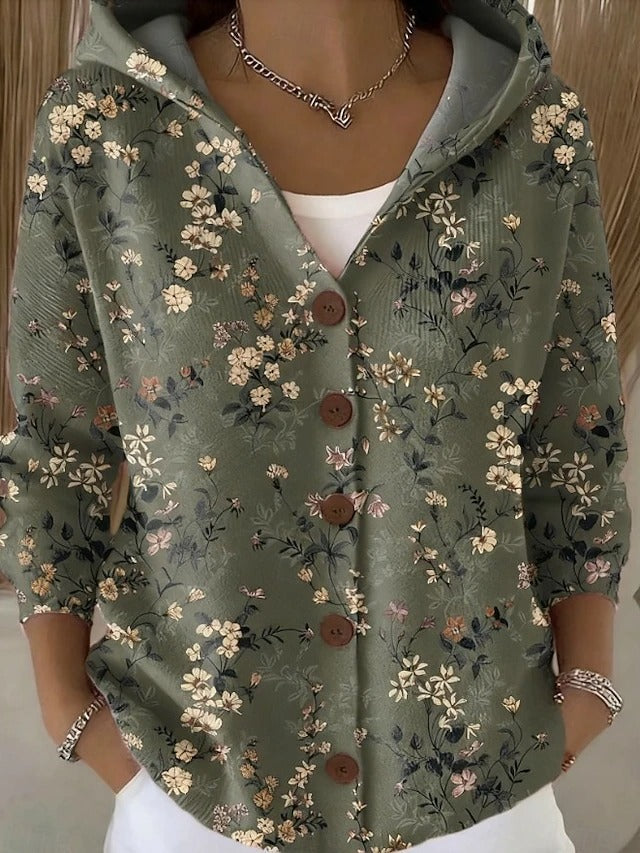 Women's Elegant Print Hooded Button Cardigan