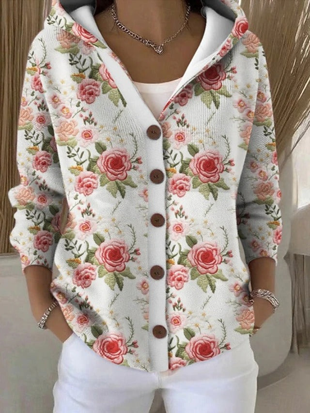 Women's Elegant Print Hooded Button Cardigan