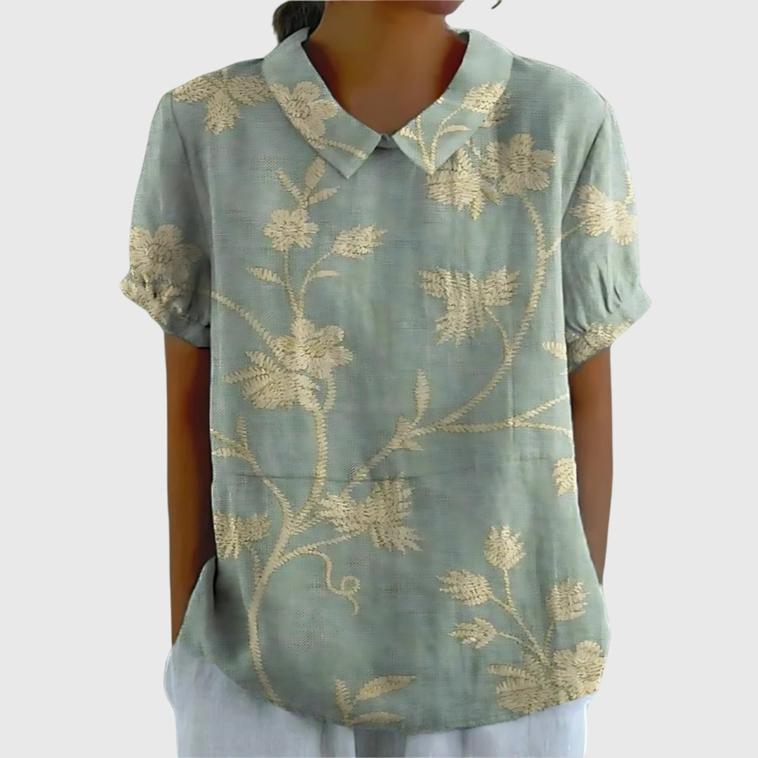 Women's Linen Floral Print Short Sleeve Collared Blouse