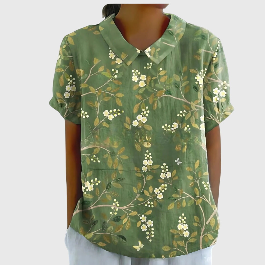 Women's Linen Floral Print Short Sleeve Collared Blouse