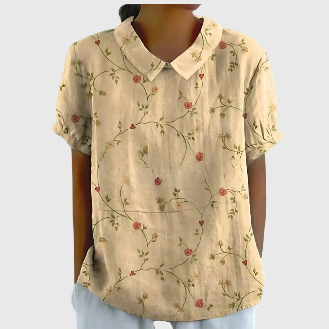 Women's Linen Floral Print Short Sleeve Collared Blouse