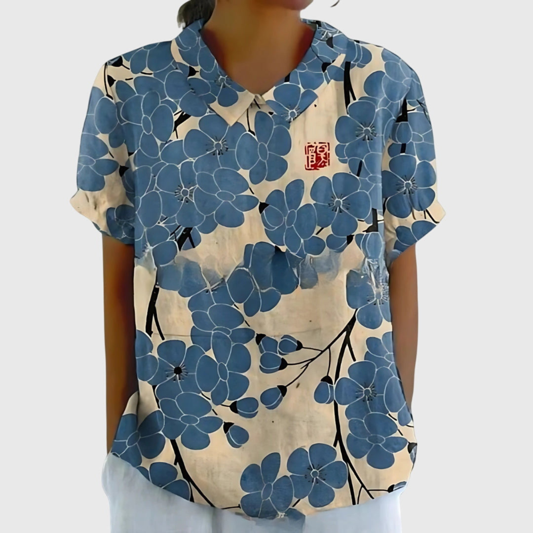Women's Linen Floral Print Short Sleeve Collared Blouse