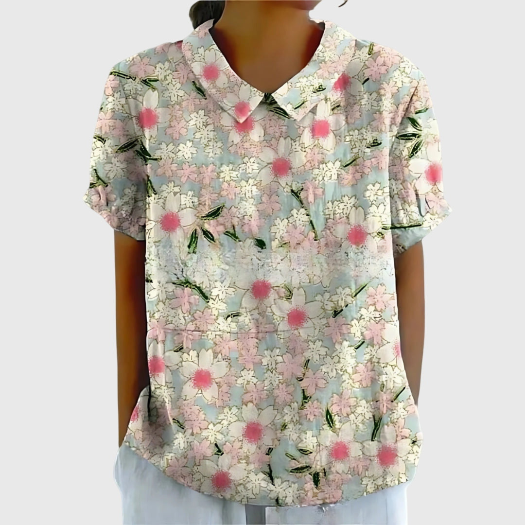 Women's Linen Floral Print Short Sleeve Collared Blouse