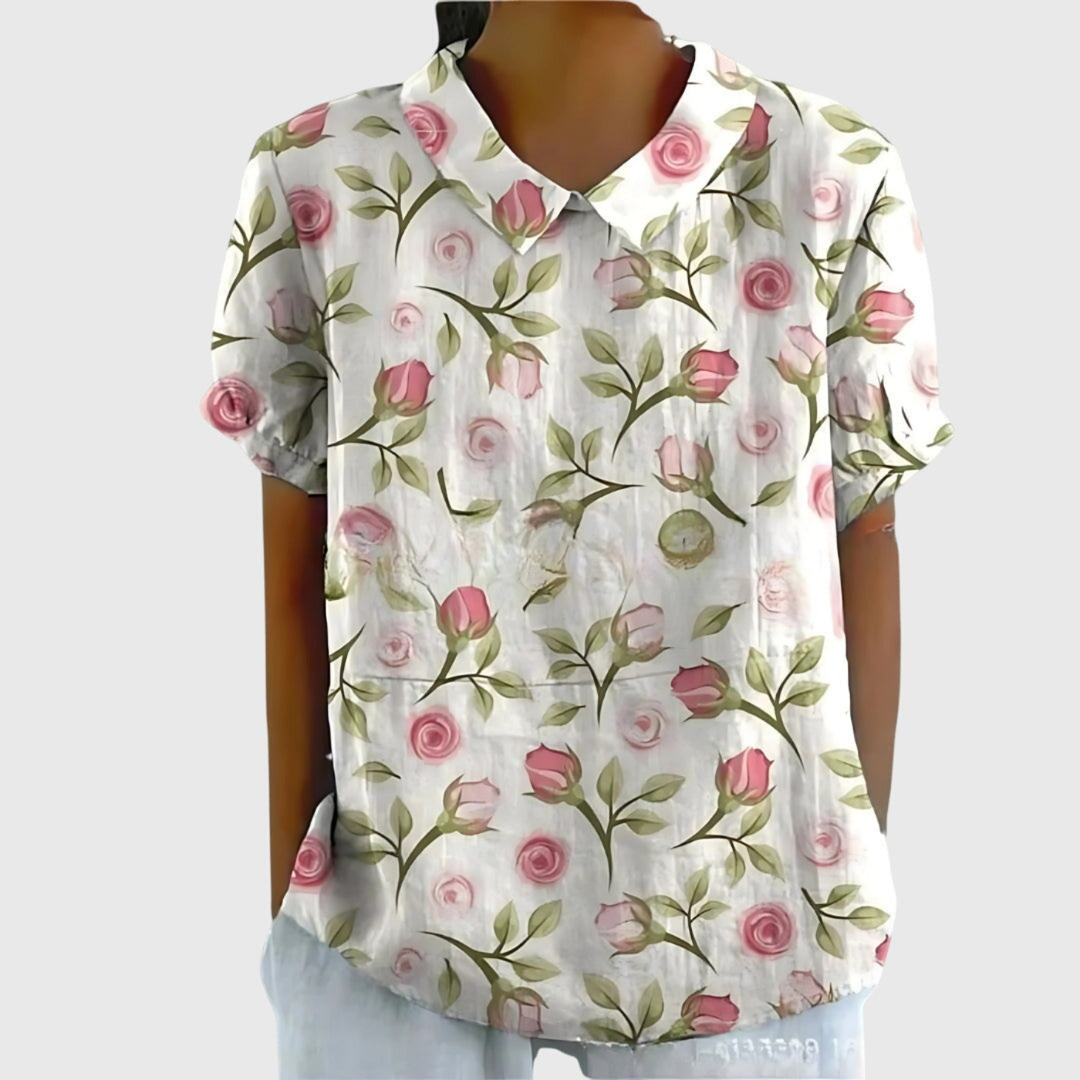 Women's Linen Floral Print Short Sleeve Collared Blouse