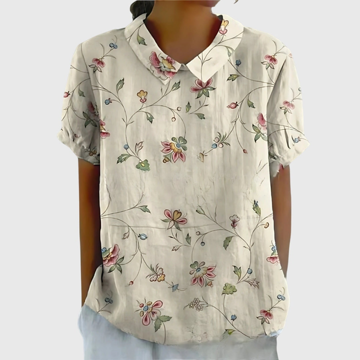 Women's Linen Floral Print Short Sleeve Collared Blouse