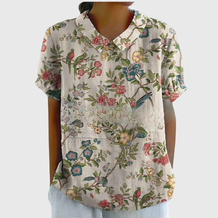 Women's Linen Floral Print Short Sleeve Collared Blouse