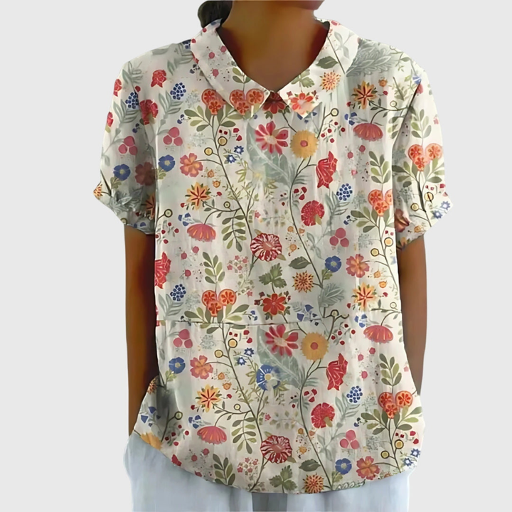 Women's Linen Floral Print Short Sleeve Collared Blouse