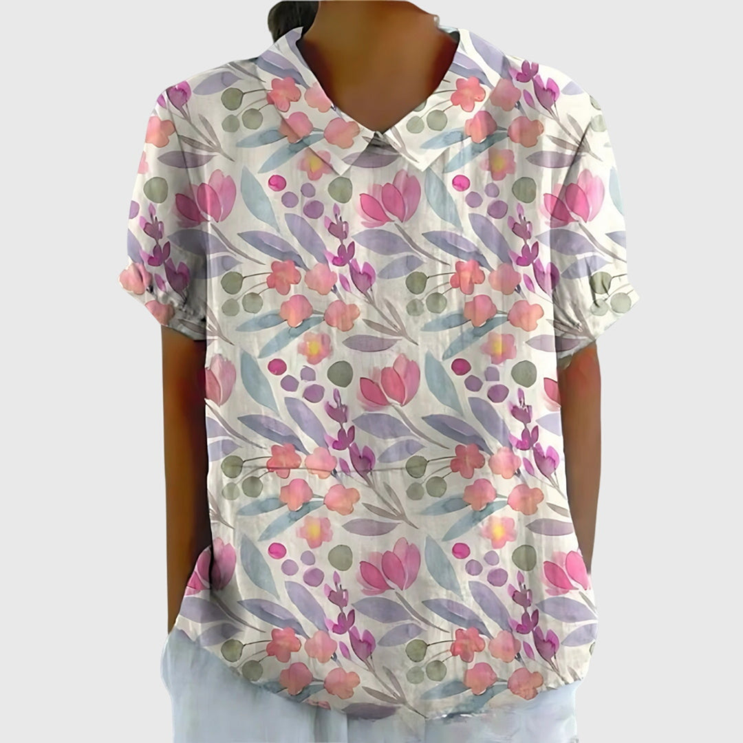 Women's Linen Floral Print Short Sleeve Collared Blouse