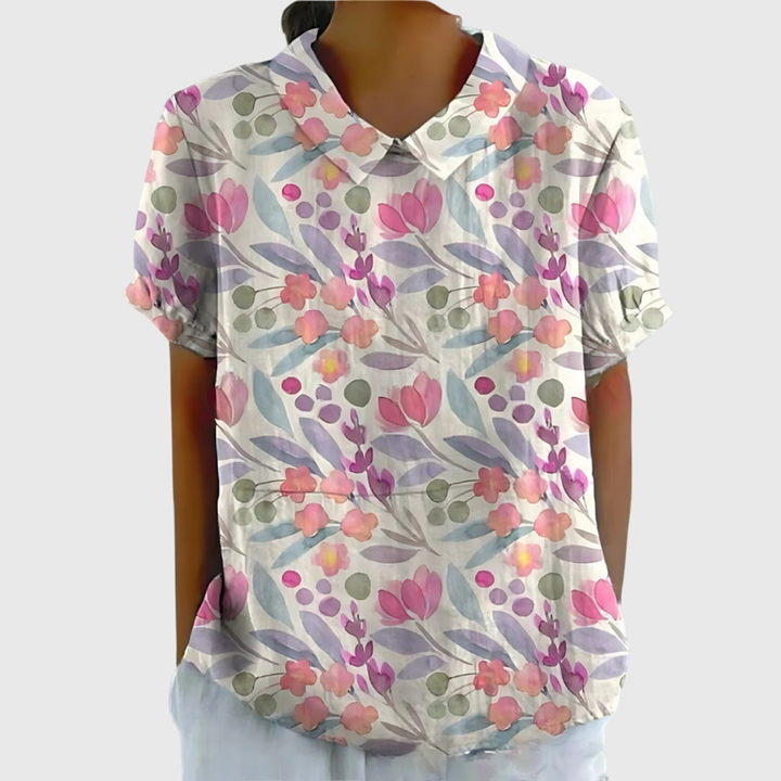 Women's Linen Floral Print Short Sleeve Collared Blouse