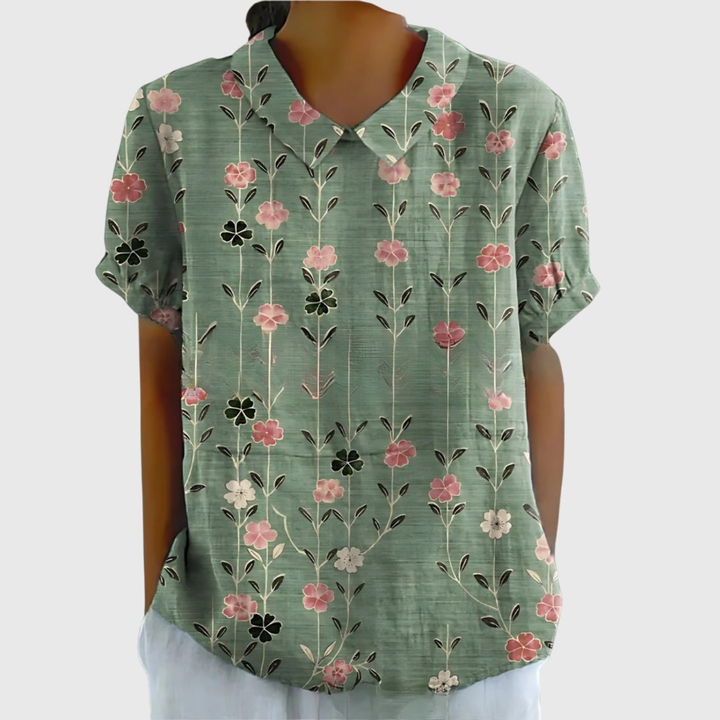 Women's Linen Floral Print Short Sleeve Collared Blouse