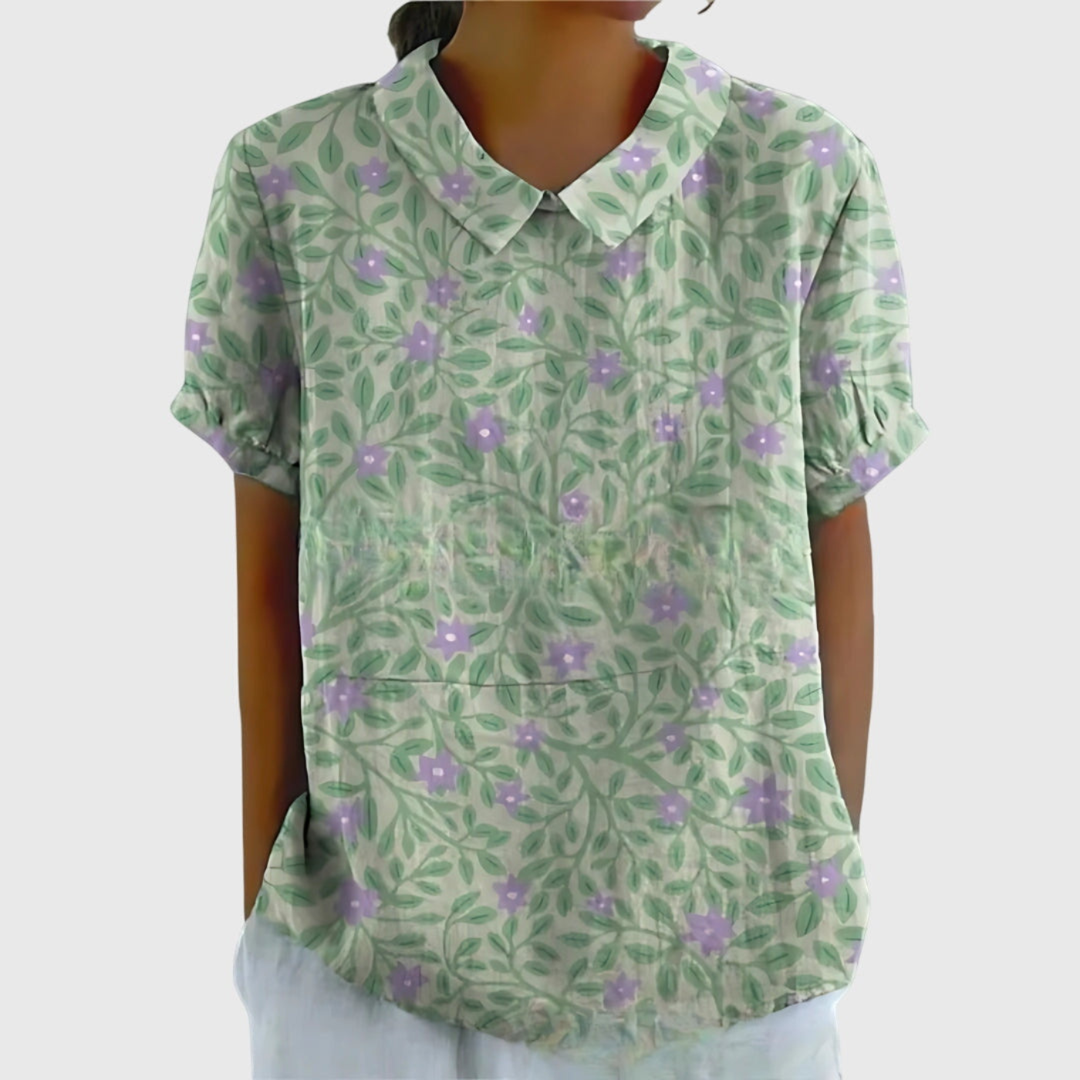 Women's Linen Floral Print Short Sleeve Collared Blouse