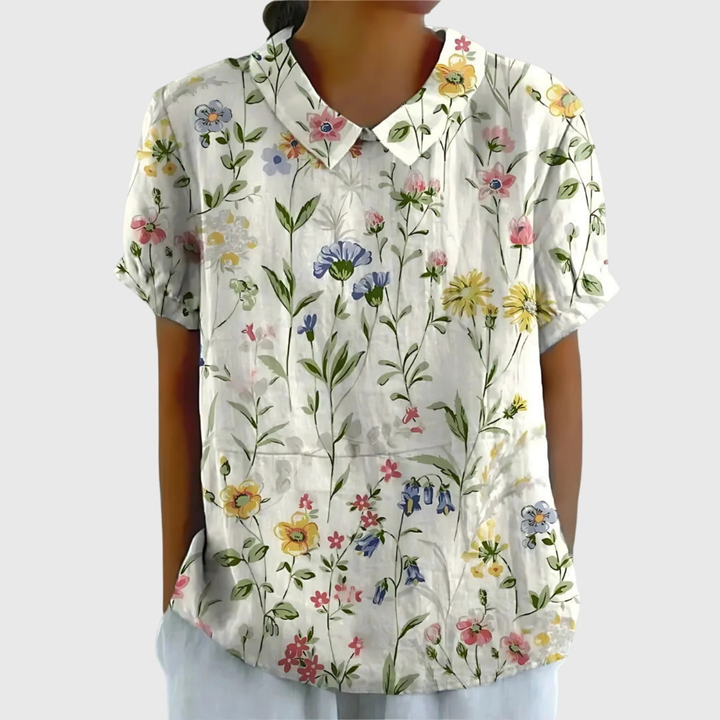 Women's Linen Floral Print Short Sleeve Collared Blouse