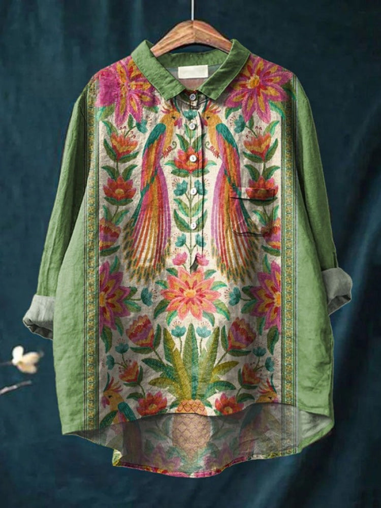 Women's Linen Patterned Shirt Oversized Button Front