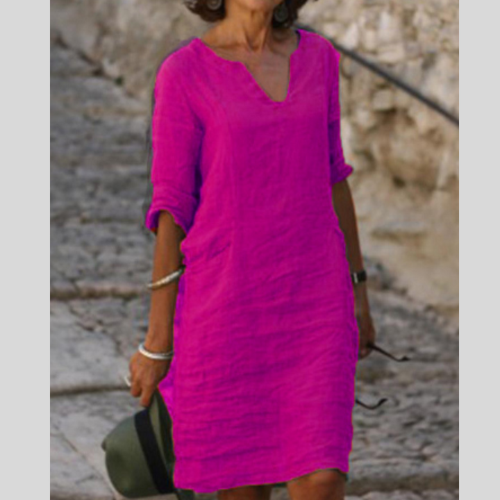 Women's Summer V-Neck Midi Dress Tummy Cover Pockets