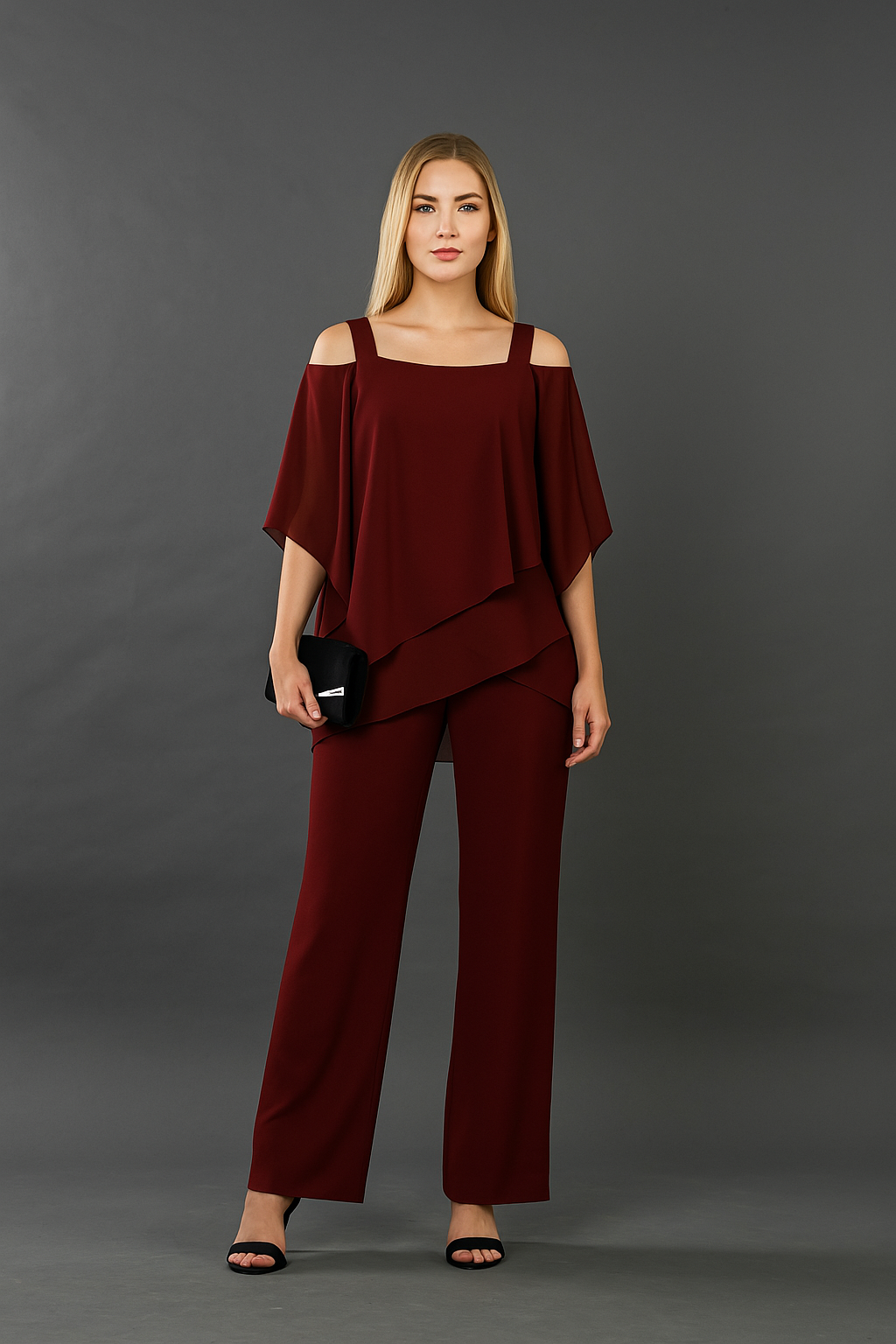 Women's One-Shoulder Chiffon Top and Trousers Evening Set