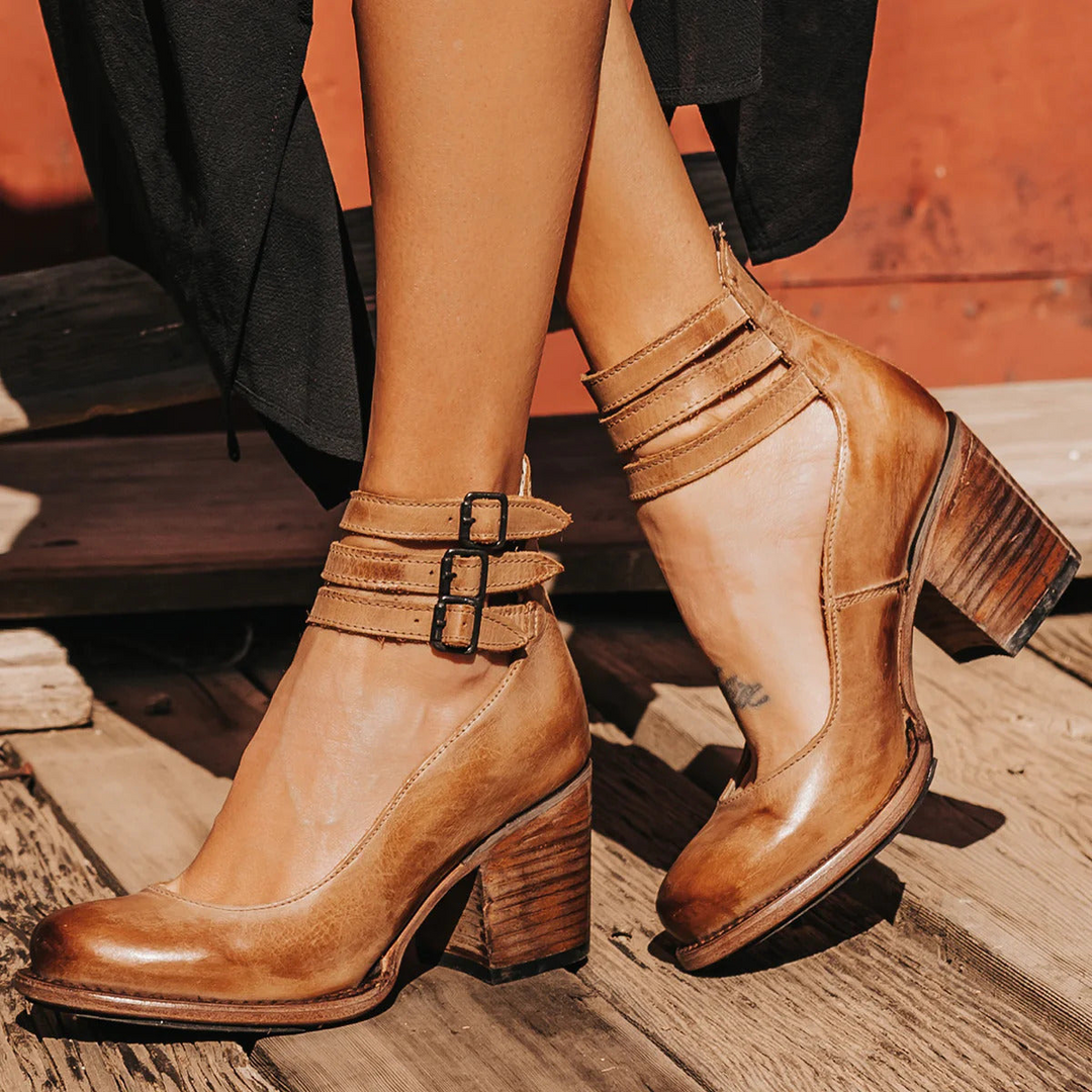 Vintage Leather Double Buckle Ankle Strap Block Heel