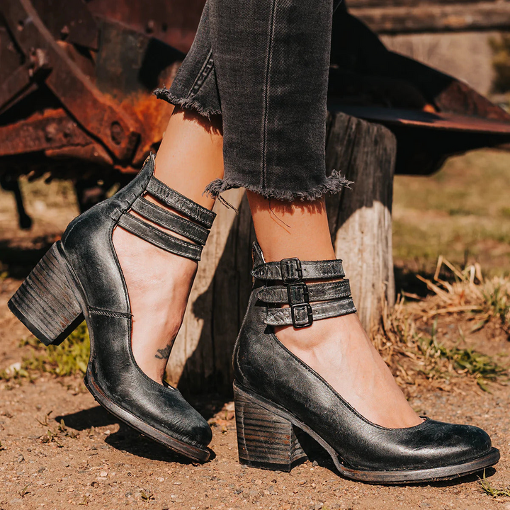 Vintage Leather Double Buckle Ankle Strap Block Heel