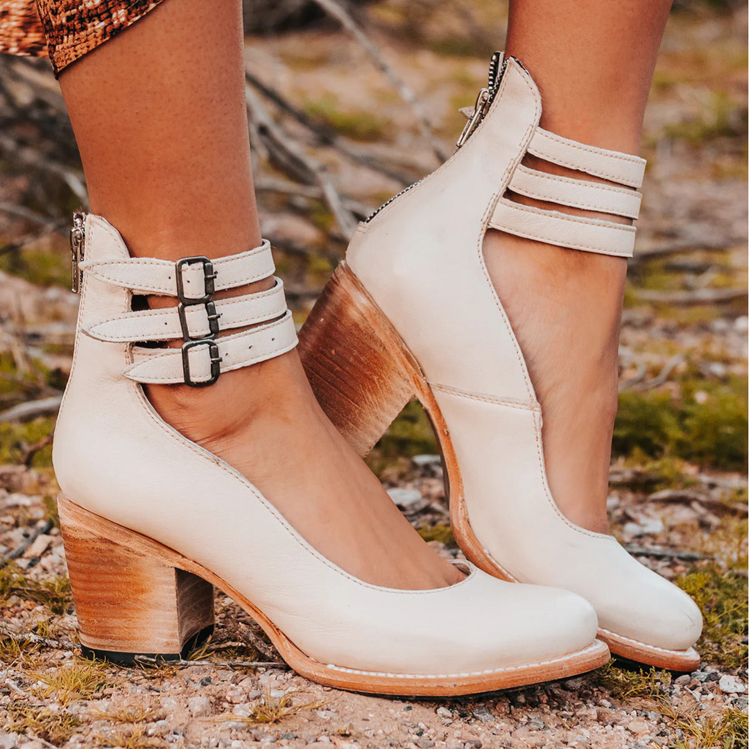 Vintage Leather Double Buckle Ankle Strap Block Heel