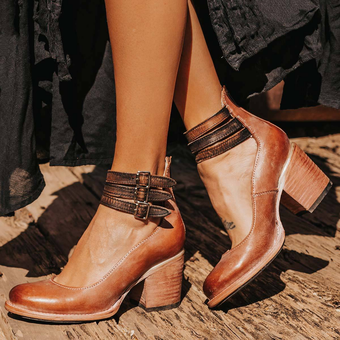 Vintage Leather Double Buckle Ankle Strap Block Heel