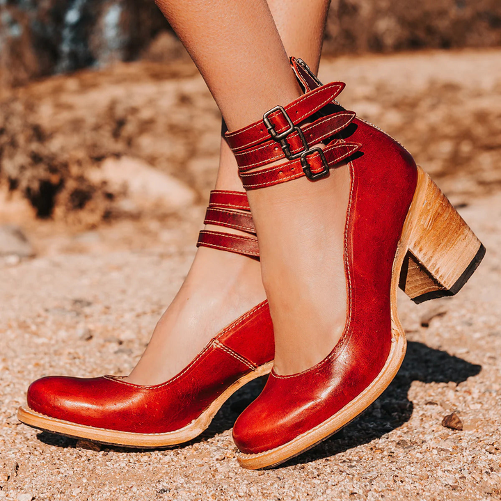 Vintage Leather Double Buckle Ankle Strap Block Heel