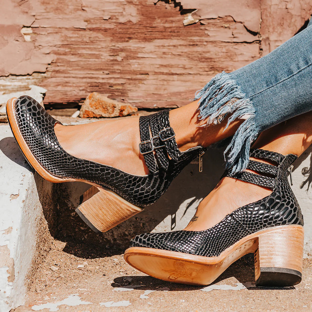 Vintage Leather Double Buckle Ankle Strap Block Heel