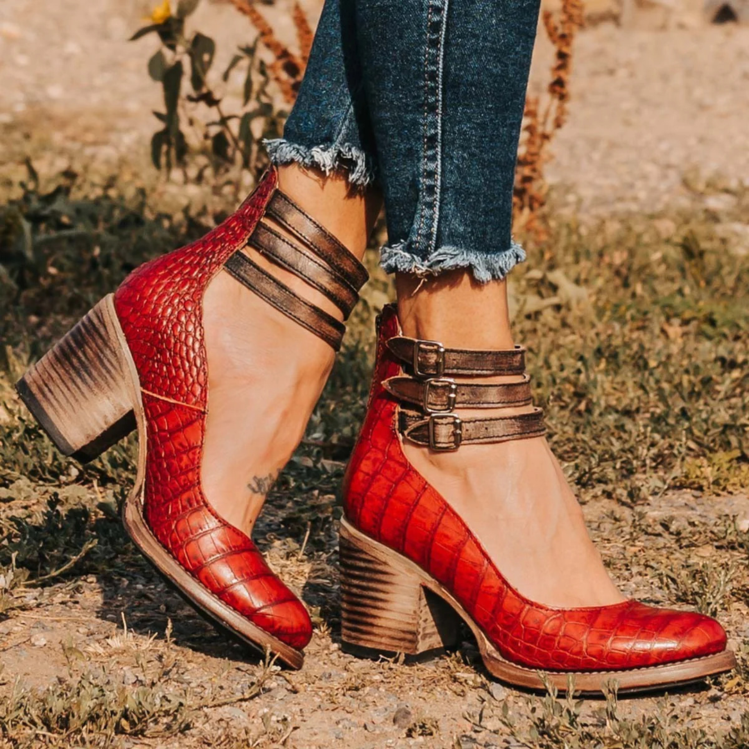 Vintage Leather Double Buckle Ankle Strap Block Heel