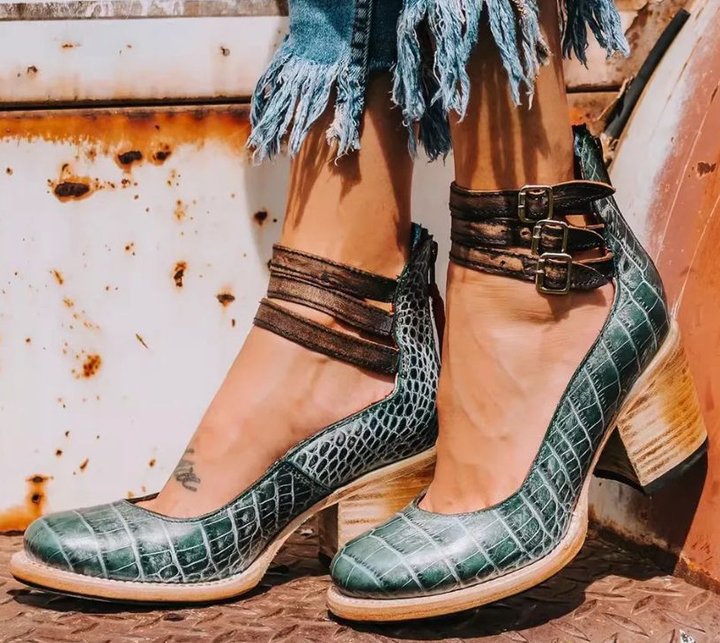 Vintage Leather Double Buckle Ankle Strap Block Heel