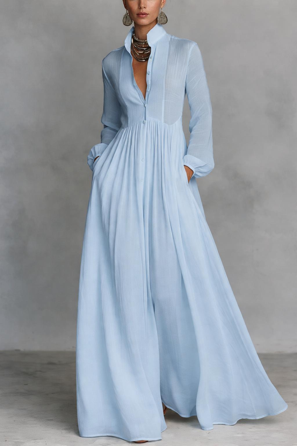 Women's Flowing Button-Front Maxi Dress with Long Sleeves and V-Neckline