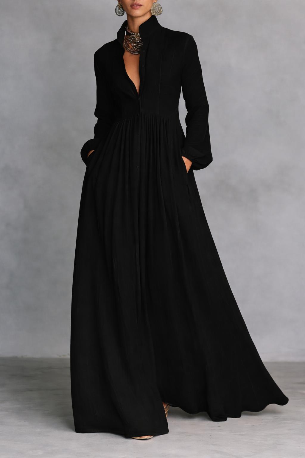 Women's Flowing Button-Front Maxi Dress with Long Sleeves and V-Neckline