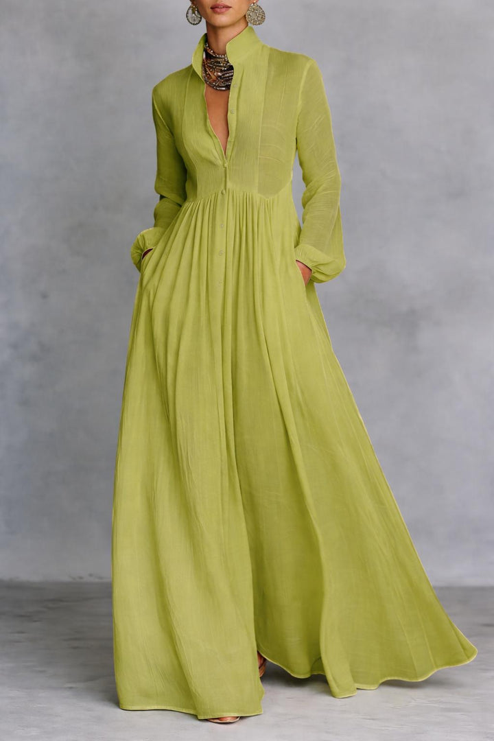 Women's Flowing Button-Front Maxi Dress with Long Sleeves and V-Neckline