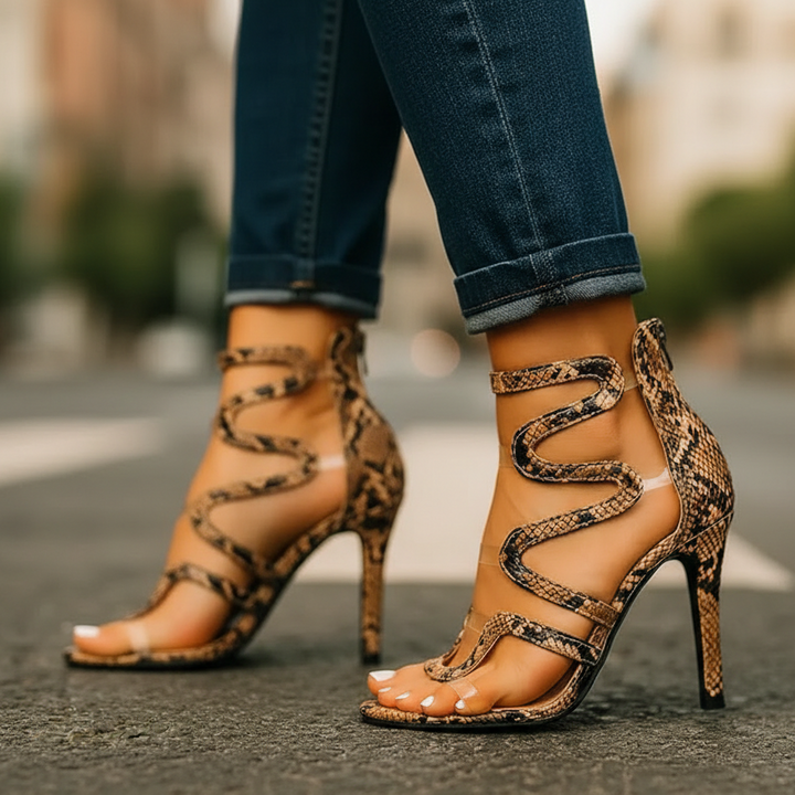 Women's Snake Print Spiral Strap Stiletto Heels