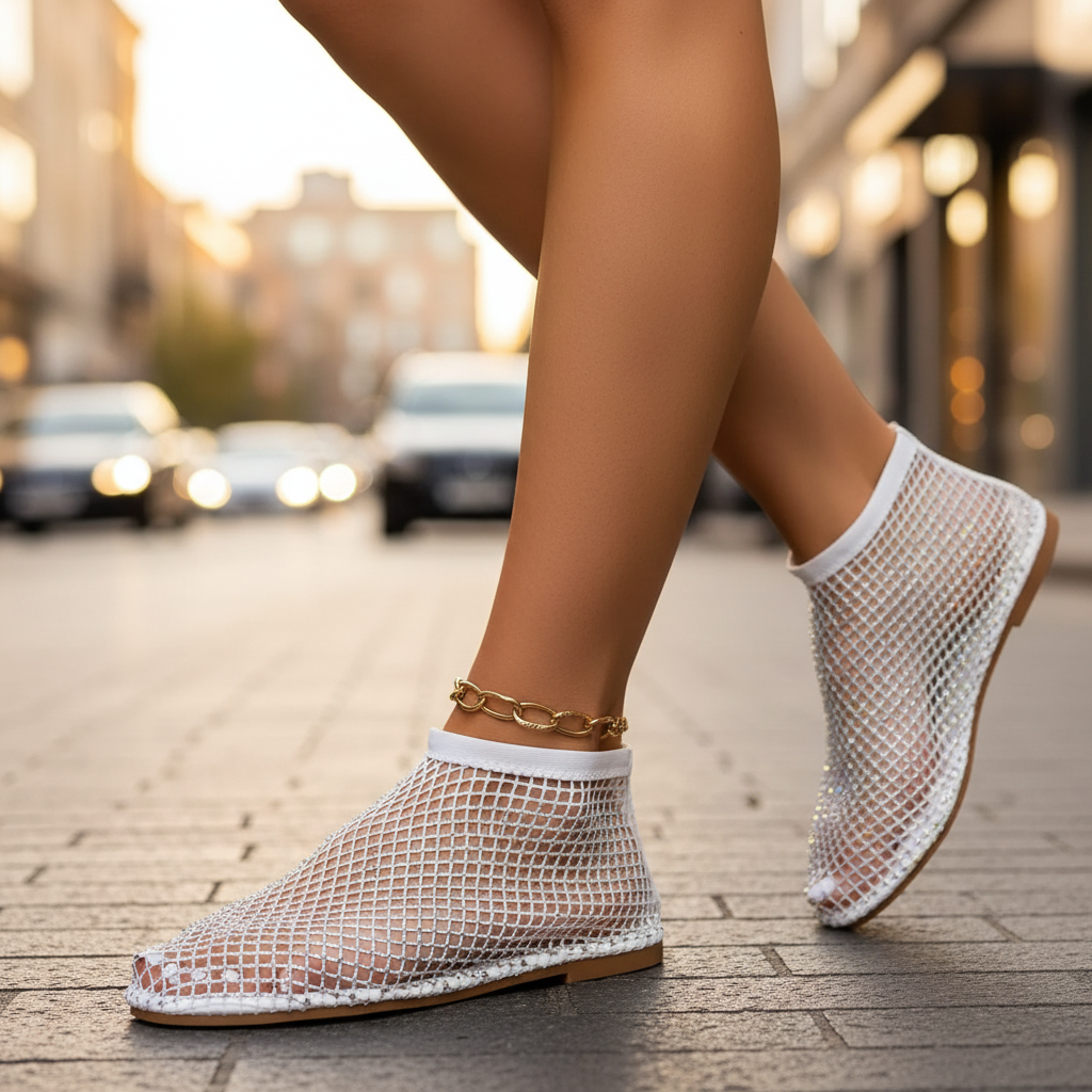 Women's Rhinestone Fishnet Mesh Slip-On Flat Shoes