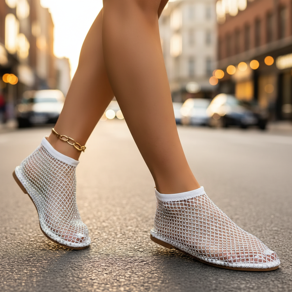 Women's Rhinestone Fishnet Mesh Slip-On Flat Shoes