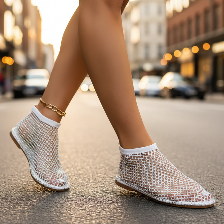 Women's Rhinestone Fishnet Mesh Slip-On Flat Shoes