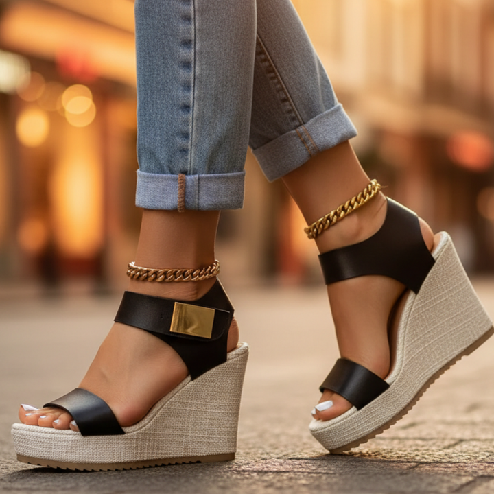 Women's Orthopaedic Platform Wedge Sandals Gold Buckle