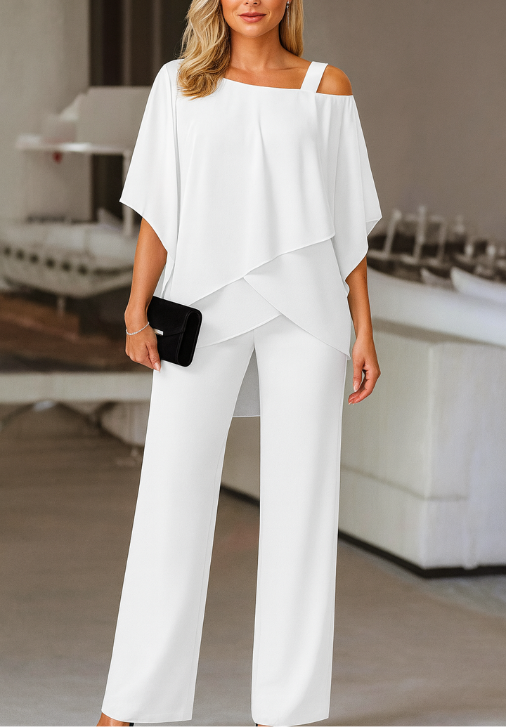 Women's One-Shoulder Chiffon Top and Trousers Evening Set