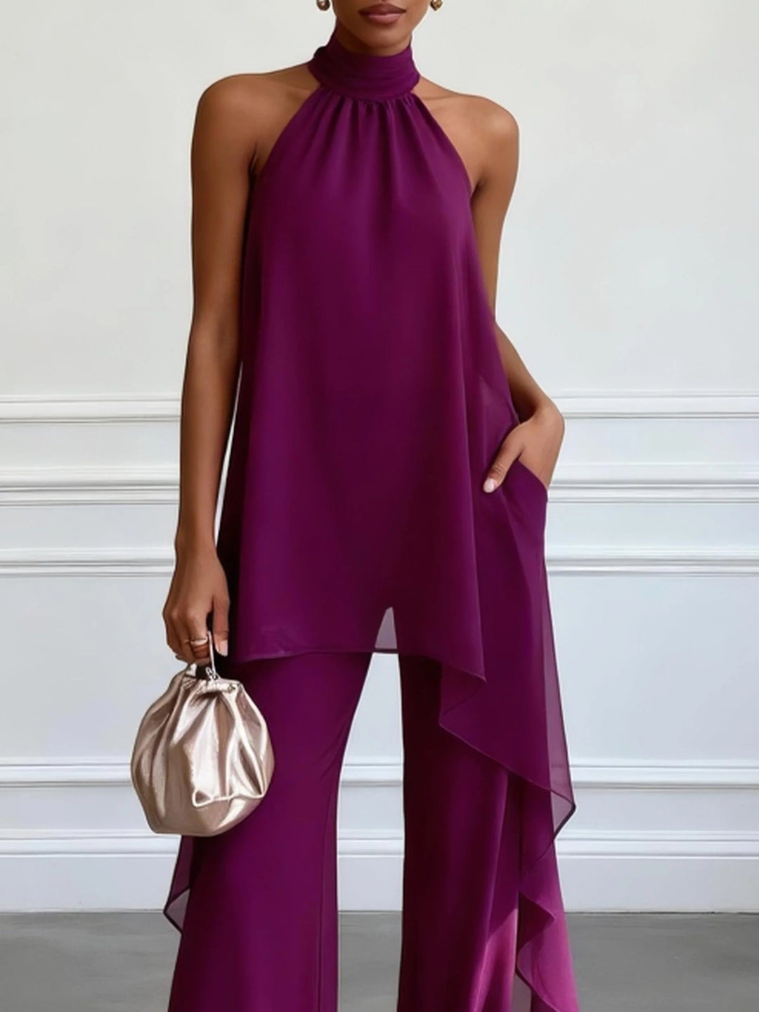 Halter Neck Wide Leg Trousers Matching Set Chiffon Overlay