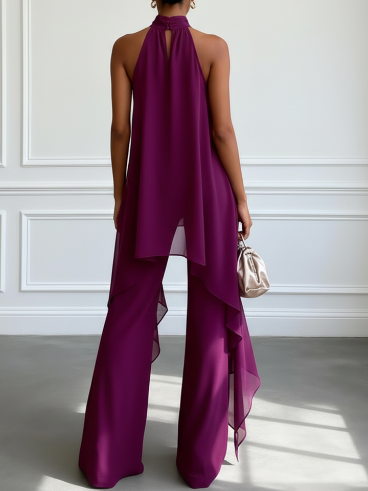 Halter Neck Wide Leg Trousers Matching Set Chiffon Overlay